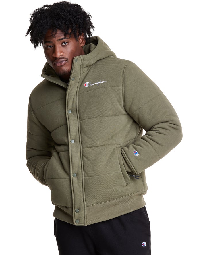 Champion Reverse Weave Puffer Olive Jackets Mens - South Africa GZIDNL651